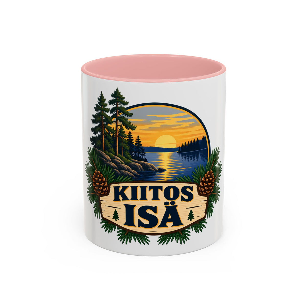 Kiitos Isä Finnish Thank You Dad Coffee Mug — Rustic Lake Sunset Accent Mug