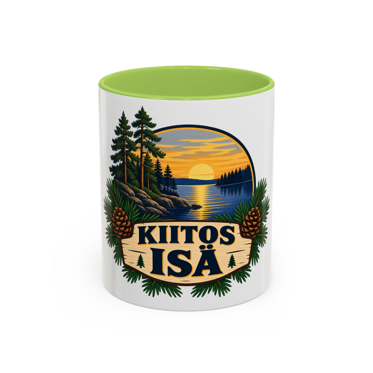 Kiitos Isä Finnish Thank You Dad Coffee Mug — Rustic Lake Sunset Accent Mug