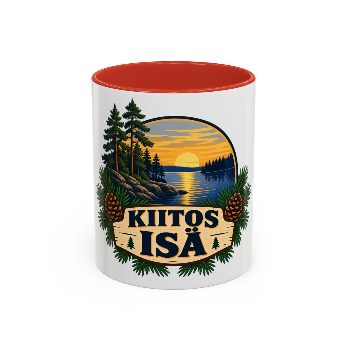 Kiitos Isä Finnish Thank You Dad Coffee Mug — Rustic Lake Sunset Accent Mug