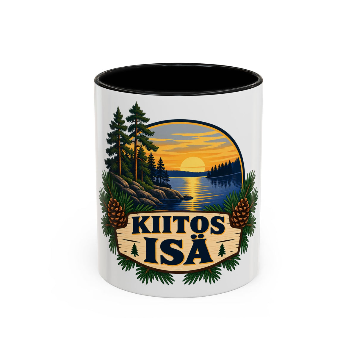 Kiitos Isä Finnish Thank You Dad Coffee Mug — Rustic Lake Sunset Accent Mug