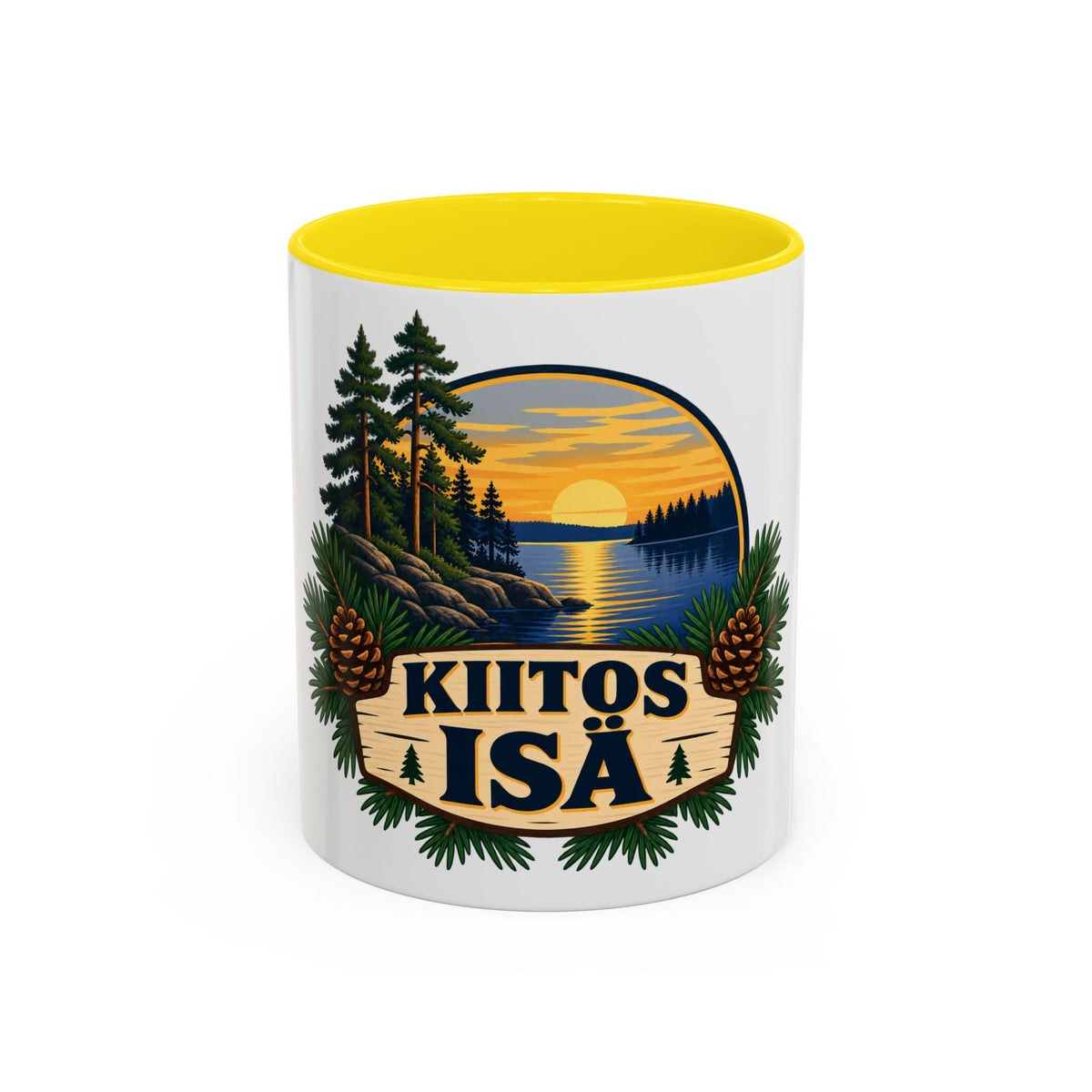 Kiitos Isä Finnish Thank You Dad Coffee Mug — Rustic Lake Sunset Accent Mug