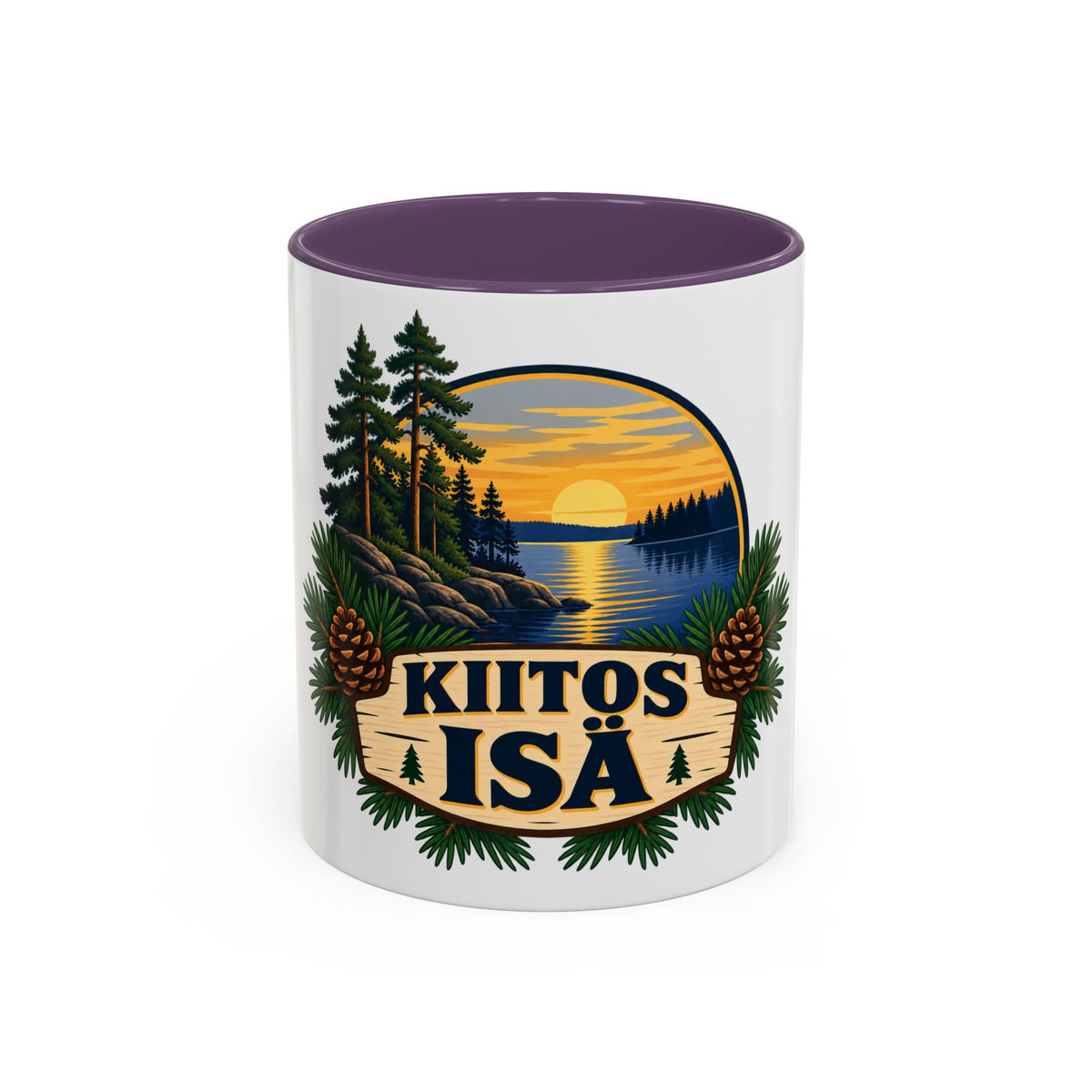 Kiitos Isä Finnish Thank You Dad Coffee Mug — Rustic Lake Sunset Accent Mug