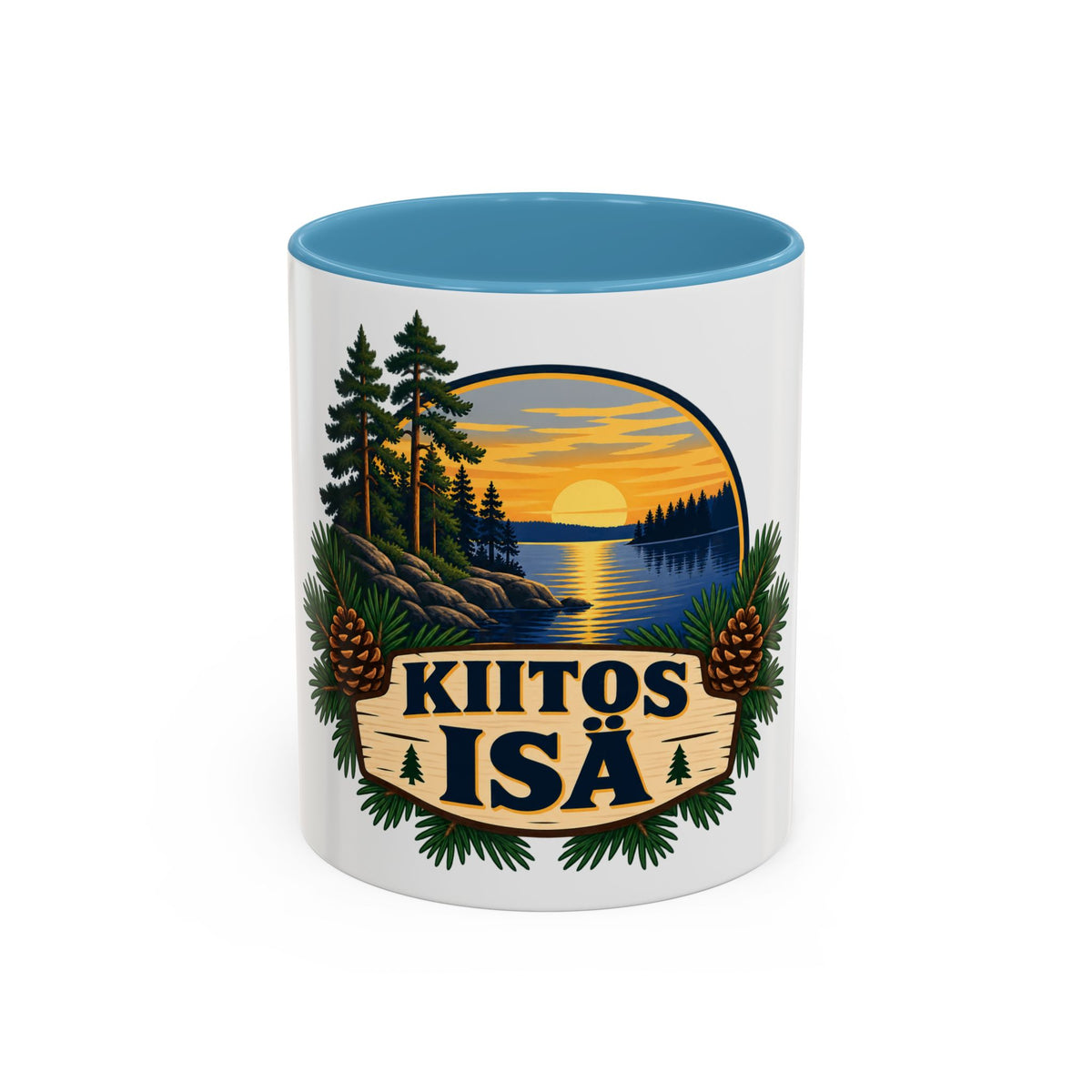 Kiitos Isä Finnish Thank You Dad Coffee Mug — Rustic Lake Sunset Accent Mug
